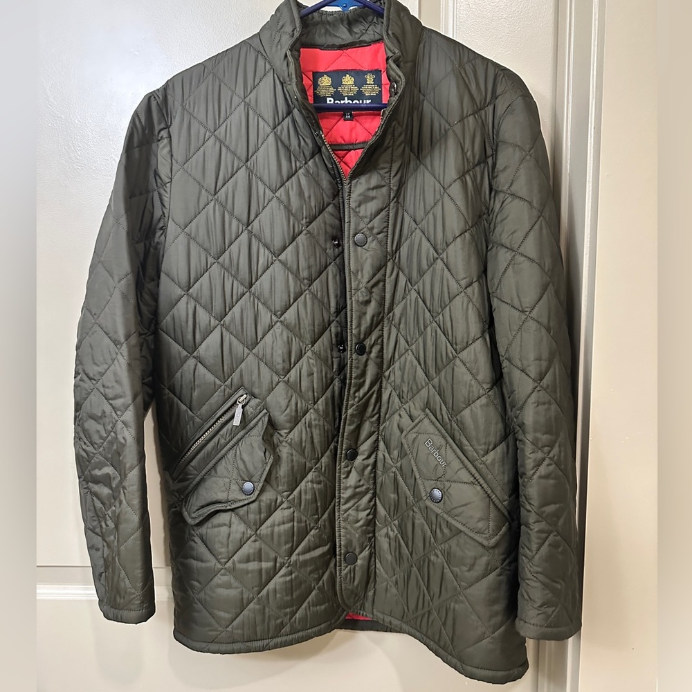Barbour Powell Quilted Lightweight Chelsea Jacket Coat Mens XS Brown Olive Stain